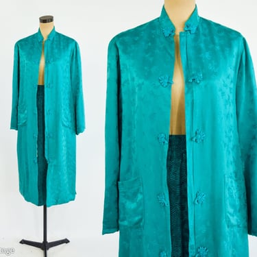 1960s Turquoise Silk Evening Coat | 60s Emerald Green Silk Coat | Cathay | Large 