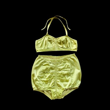 1940s Two Piece Swimsuit / CHARTREUSE / 40s Bikini / Ruched / Heavy Reflective Satin 