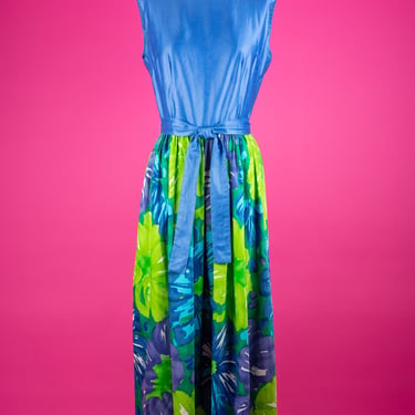 Vintage 1960s Bright Blue and Green Hawaiian Print Cotton Maxi Dress for Andrade Resort Shops (M/L) 
