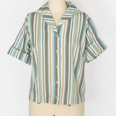 1960s Blouse Cotton Striped Short Sleeve Top M 