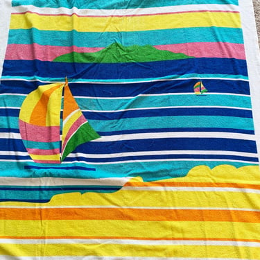 Vintage Island Fun Blanket Beach Towel Nautical Saiboat Cotton Brazil Blue Yellow Striped 1980s 1990s 