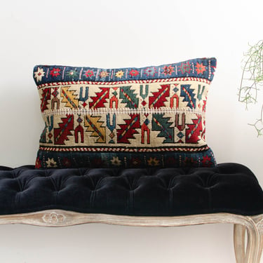 Antique Kazak Hand Knotted Geometric Design Wool Lumbar Pillowcase - Early 1900s 