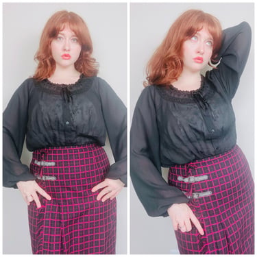 Y2K Romantic Poly Chiffon Black Ribbon Blouse / Vintage Sheer Plus Size Volup Goth Shirt / Size 18/20 