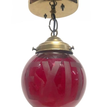 Art Deco Ruby Red "EXIT" Glass Etched Exit Sign Globe Shade w/ Brass Pendant Light 