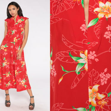 Floral Hawaiian Dress 70s Red Maxi Dress Hippie Tropical Dress 1970s Bohemian Cap Sleeve A-Line Small S 