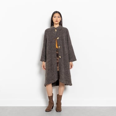 BROWN MOHAIR CARDIGAN Vintage Long Shirt Dress Knit Minimalist Granny Sweater 90's Jacket Coat / Medium 