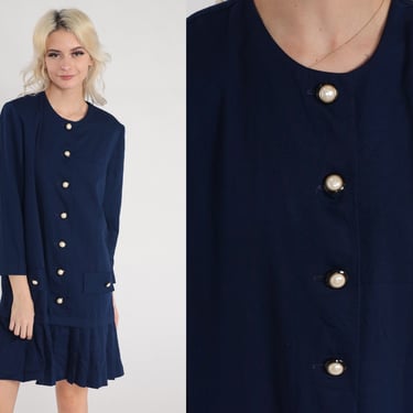 Navy Blue Dress 90s Button up Mini Dress Long Sleeve Shift Pleated Drop Waist Retro Plain Chic Classic Simple Formal Vintage 1990s Medium 10 