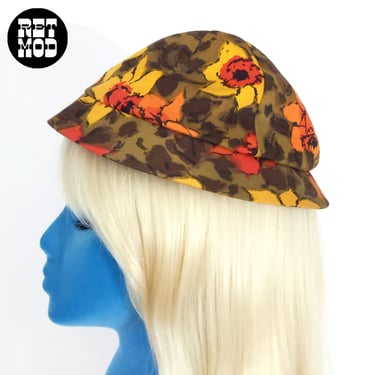 Cool Vintage 60s 70s Brown Orange Yellow Psychedelic Floral Mini Hat 