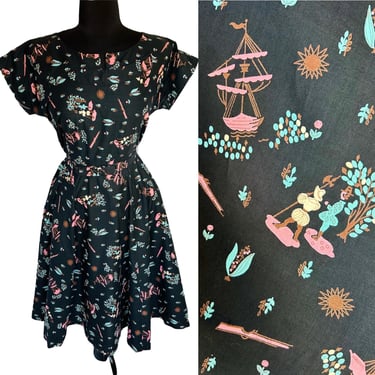 VOLUP Vintage 1950's Pirate Ship & Colonial People Novelty Print Cotton Fit N Flare Dress - size Large to XL Extra Large 32 inch waist 