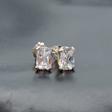 Dainty 80's sterling CZ classic bling studs, 925 silver clear rectangular cubic zirconia earrings 