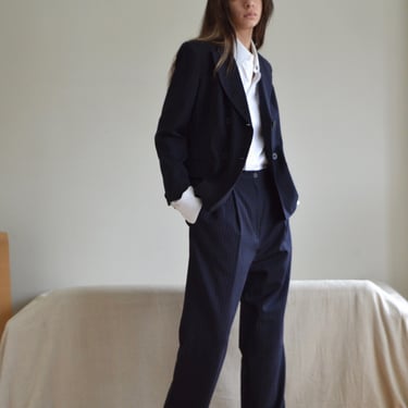 navy worsted wool pinstripe cropped double breasted pantsuit 