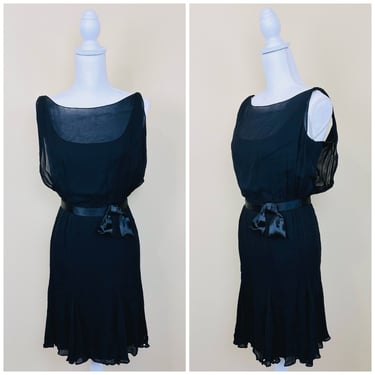 1960s Vintage Young America By Oleg Cassini Silk Dress / 60s Black Sheer Grecian Bow Waist Party Dress / Size XS 