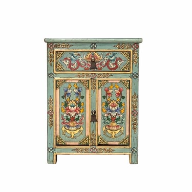 Distressed Pastel Blue Tibetan Style Floral End Table Nightstand cs7094E 