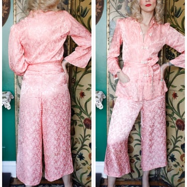 1930s 3pc Lounge Set // Pink Floral Silk Blouse & Wide Leg Pant Lounge Set // vintage 30s loungewear 