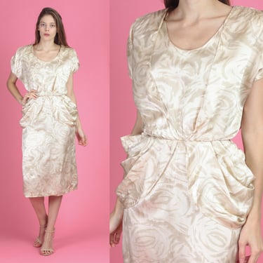 80s Shiny Taupe Gathered Fitted Waist Midi Dress - Small | Vintage Knee Length Dress 