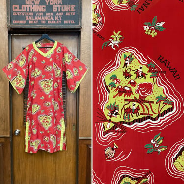 Vintage 1940’s Custom Cartoon Rayon Tropical Pake Muu Tiki Hawaiian Dress, Vintage Pake Muu, 1940’s Hawaiian Dress, Tiki, Batwing Sleeve 