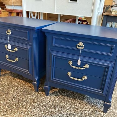 A pair! Blue painted 3 drawer nightstands. 24” x 16” x 25.5” Call 202-232-8171 to purchase