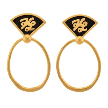 Karl Lagerfeld Vintage 1990s Massive Golden Satin Black Enamel Logo Doorknocker Earrings