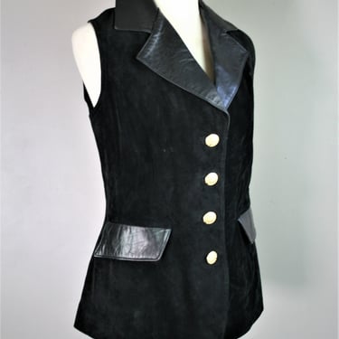 1970-80s - Mod, Mid Century,   Black Leather Vest - Lined - by Accessory Lady - Marked size M 