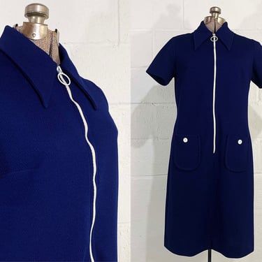 Vintage Navy Blue Shift Dress Country Miss O-Ring Zipper Shirtdress Mod Scooter Twiggy Short Sleeves Large 1960s 
