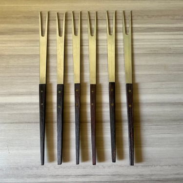 Vintage Fondue Forks, Danish Wood and Stainless Fondue Forks, Set of Six Original Box Mid Century Modern Japan 