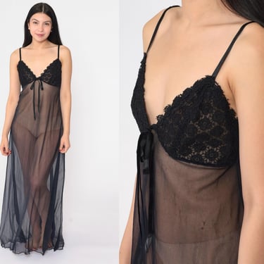 Sheer Black Slip Dress 90s Fredericks of Hollywood Lingerie Nightgown Maxi Dress Lace Trim Empire Waist Spaghetti Strap Vintage 1990s Medium 