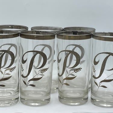 7 Piece Dorothy Thorpe Style Mercury Platinum  Highball Glasses- Monogrammed Letter P- Textured 