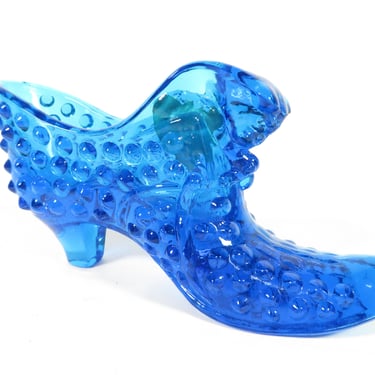 Vintage Fenton Hobnail Glass Shoe - Marine Blue Glass Hobnail Shoe 