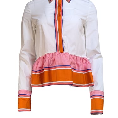 Emilio Pucci - White Button Front w/ Orange, Pink, & Blue Trim Peplum Blouse Sz 8