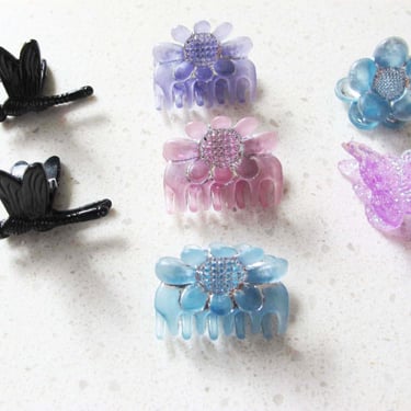 Vintage 2000s Butterfly Floral Hair Clip Lot - Y2K Icy Blue Lavender Pastel Glittery Small Flower Claw Barrettes 