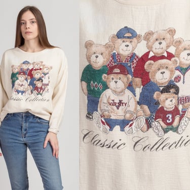 M-L| 90s Classic Collection Teddy Bear Waffle Knit Sweatshirt - Medium to Large | Vintage Streetwear Graphic Slouchy Pullover Shirt 