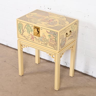 Drexel Heritage Hollywood Regency Chinoiserie Hand-Painted Cream Lacquered Chest on Stand