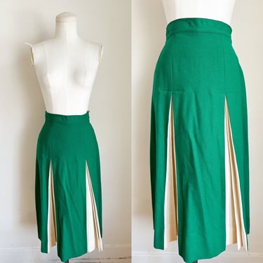Vintage 1950s Green & Cream Wool Skirt / XS 