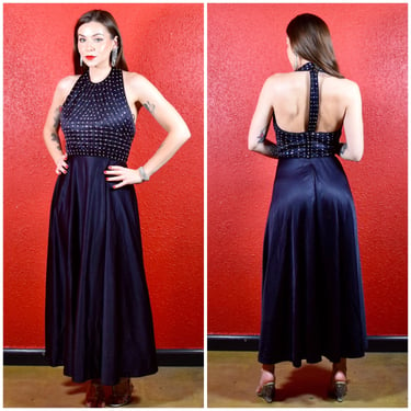 1970s T Back Black Maxi Dress with Rhinestones 