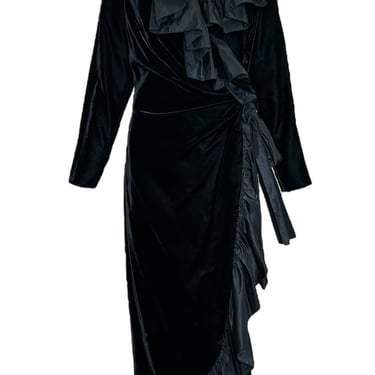 Saint Laurent 70s Black Velvet Wrap Dress with Taffeta Ruffle Collar