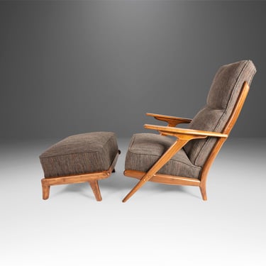 High Back Mid Century Modern Lounge Chair & Ottoman After Hans Wegner in Knoll Fabric, USA, c. 1960s 