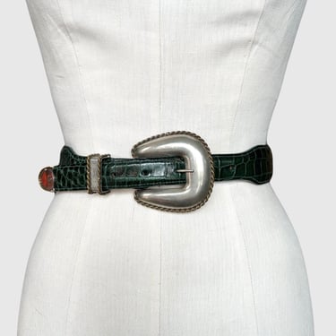 BIG AL Genuine American Alligator Vintage Belt with Metal Horseshoe Buckle | Green Alligator Leather | Made in USA | Size Small 