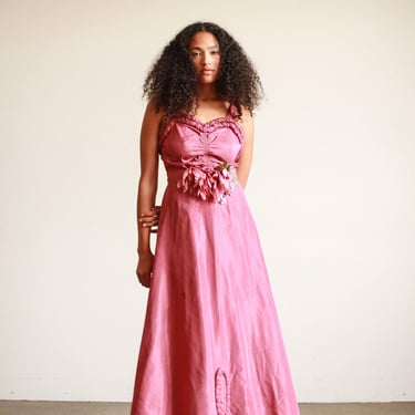 1950s Plum Taffeta Ruched Evening Dress 