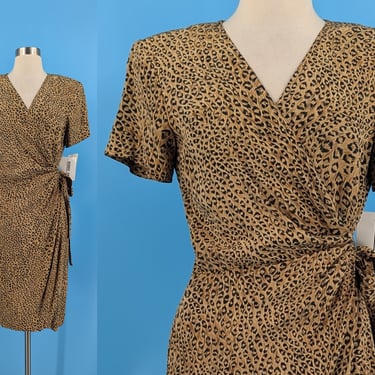 Vintage 90s Robbie Bee Silk Leopard Print Wrap Dress - Nineties Size 10 Short Sleeve  Shoulder Pad Dress - Unworn with Tags 