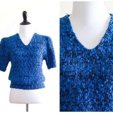 Blue and black knit short puffy sleeve sweater 