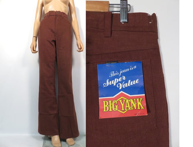 Vintage 70s Deadstock Unisex Big Yank Chocolate Brown Denim Flares Made In USA Size 32X33 