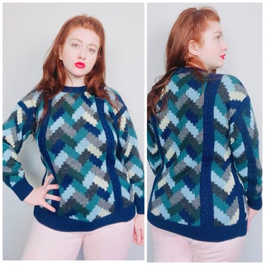 1980s Vintage La Bamba Knit in Peru Alpaca Sweater / 80s Blue and Teal Geometric Pront Jumper / Medium - Large 