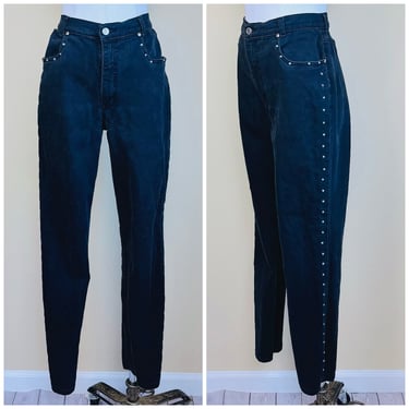 1990s Vintage Lawman High Waisted Black Stretch Jeans / 90s Denim Faux Turquoise Studded Jeans / Large 