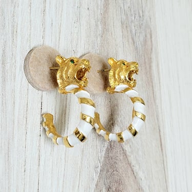 Pauline Rader Tiger Head Hoop Earrings Signed 