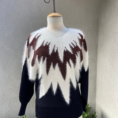 Vintage Christine 80s geometric design with pearl beads black white bronze pullover knit sweater sz M 