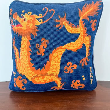 Navy and Orange Vintage Needlepoint Dragon Pillow. Square Chinoiserie Throw Decorative Pillow. 