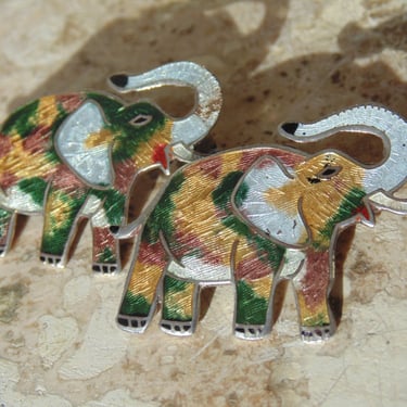 Castelan ~ Vintage Sterling Silver and Enamel Pair of Elephant Brooches 