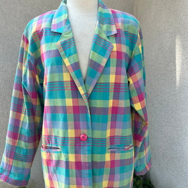 Vintage preppy pastels plaid cotton blazer jacket Sz S/M by Adolfo Royalty Collection 