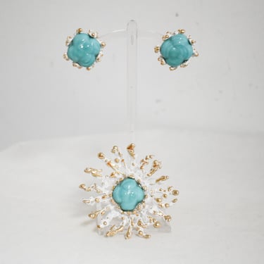 1960s Starburst Brooch and Clip Earrings with Turquoise Glass 