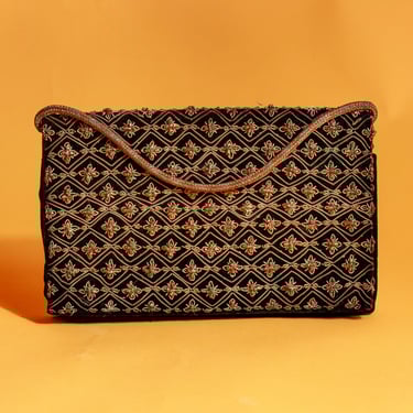 50s Black Velvet Brocade Adorned Purse Vintage Indian Handle Clutch 